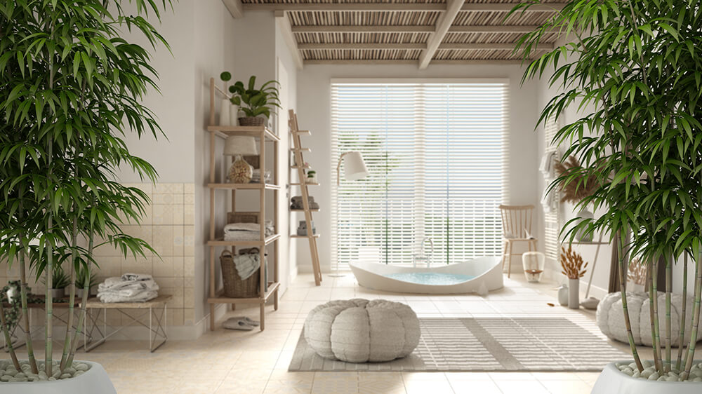 Eastern themes decor with bamboo and ficus plans and natural wood with blinds